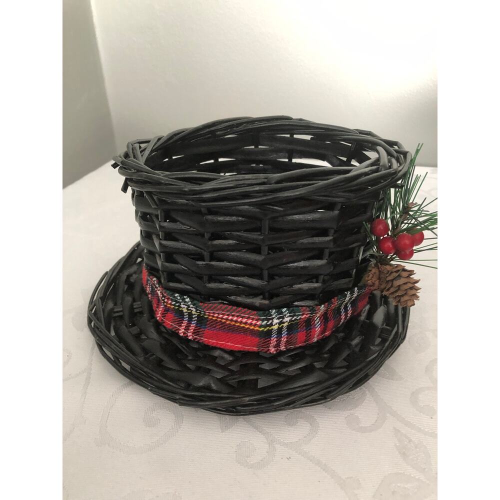 Christmas Wicker Snowman Hat . Plaid Ribbon hat holly berries and pine cones.